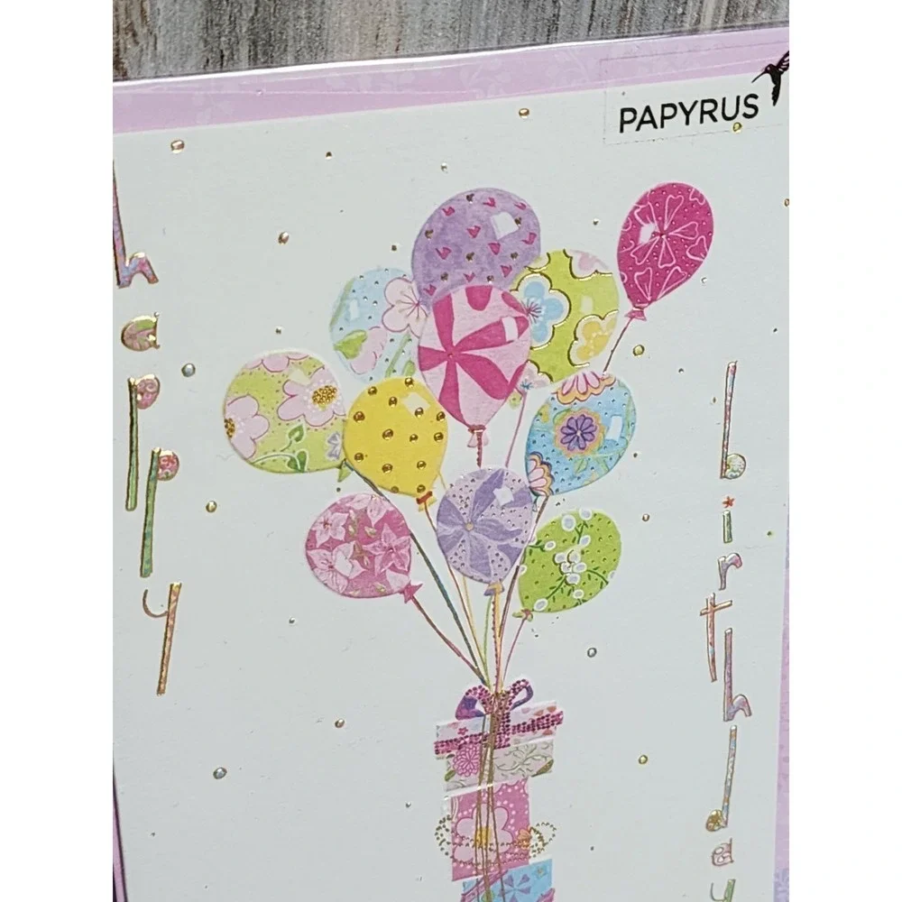 Papyrus RARE Turnowsky Embossed Presents Balloons Gold Rose Trim Birthday Card